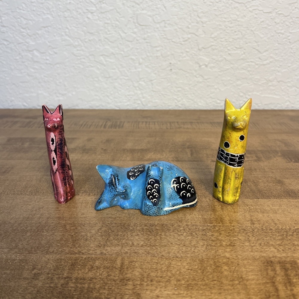 Vintage Hand Carved‎ Stone African Cat Soapstone Figures Figurines Lot Of 3
